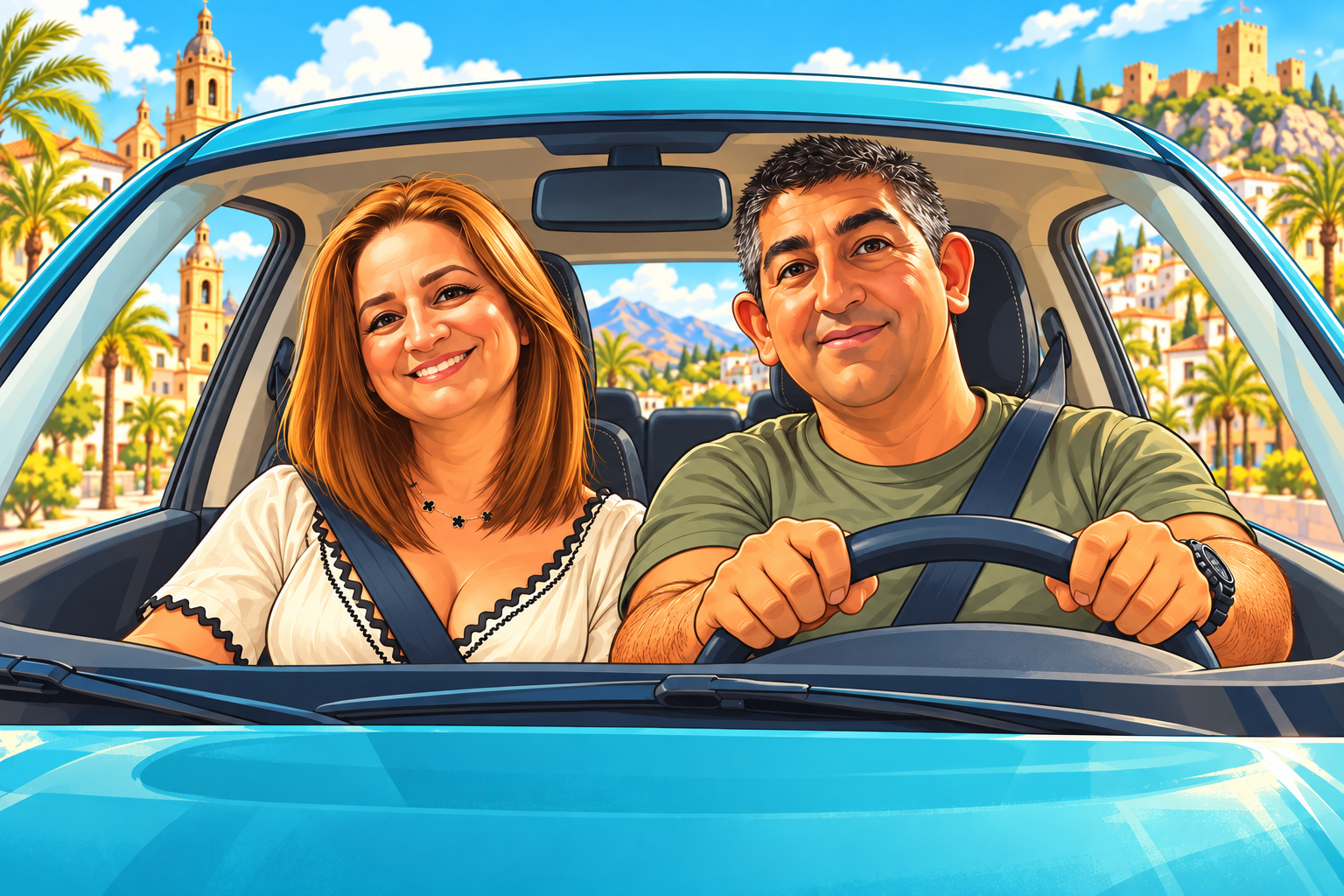 Ilustración de una pareja sonriente dentro de un coche, con una ciudad mediterránea al fondo.